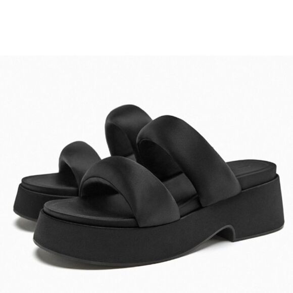 Zara Black Padded Strap Platform Chunky Sandals Shoes Size 10 - Picture 1 of 10
